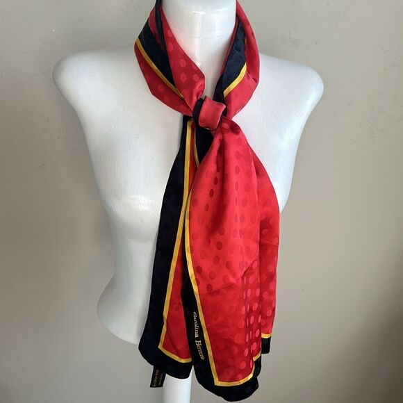CAROLINA HERRERA Vintage Red Black Yellow Polka Dot Embossed 100% Silk Scarf - Picture 1 of 6